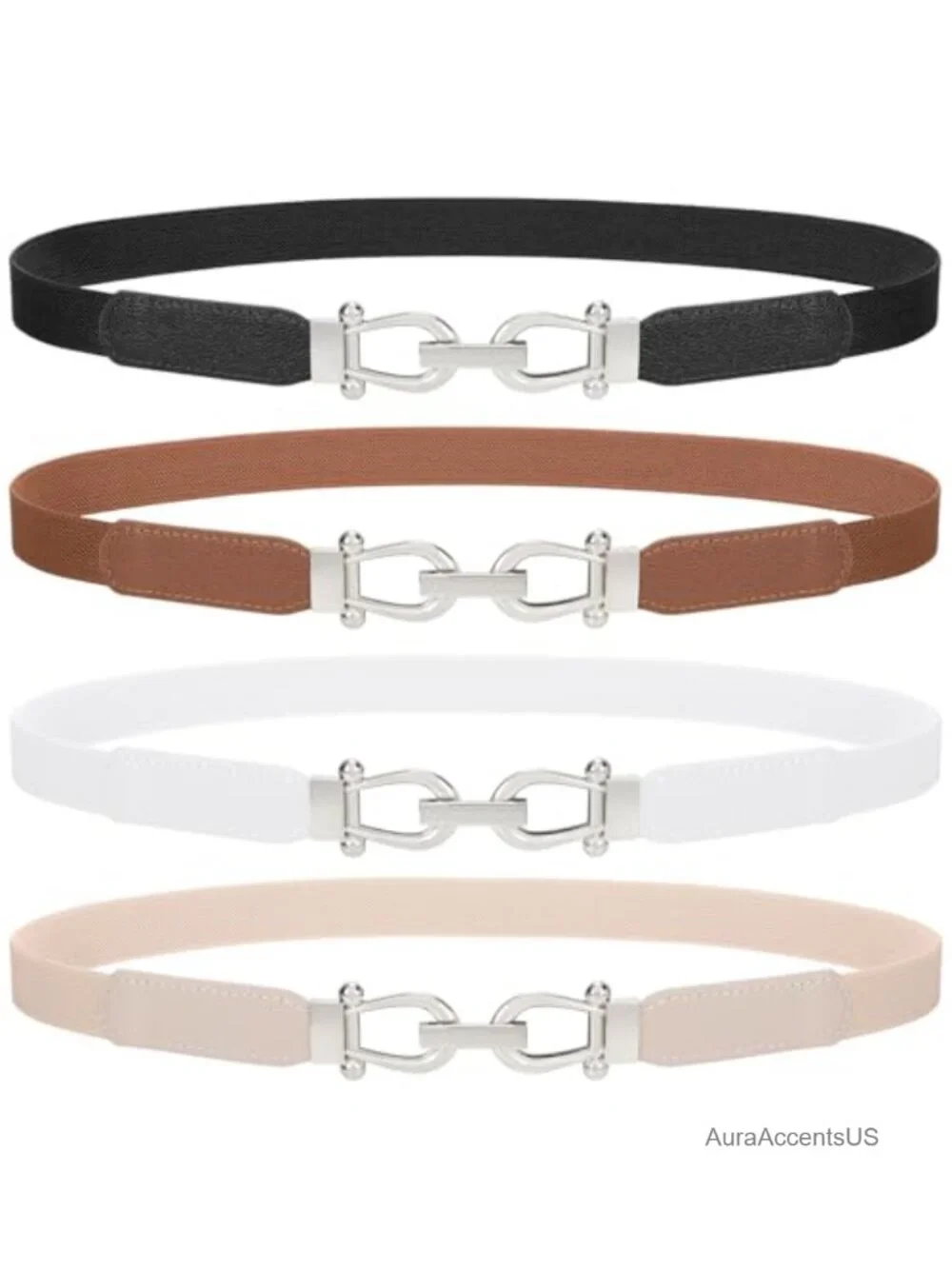 4 Pack Women Skinny Elastic Belts Gold Buckle Stretch Dress Belt Set